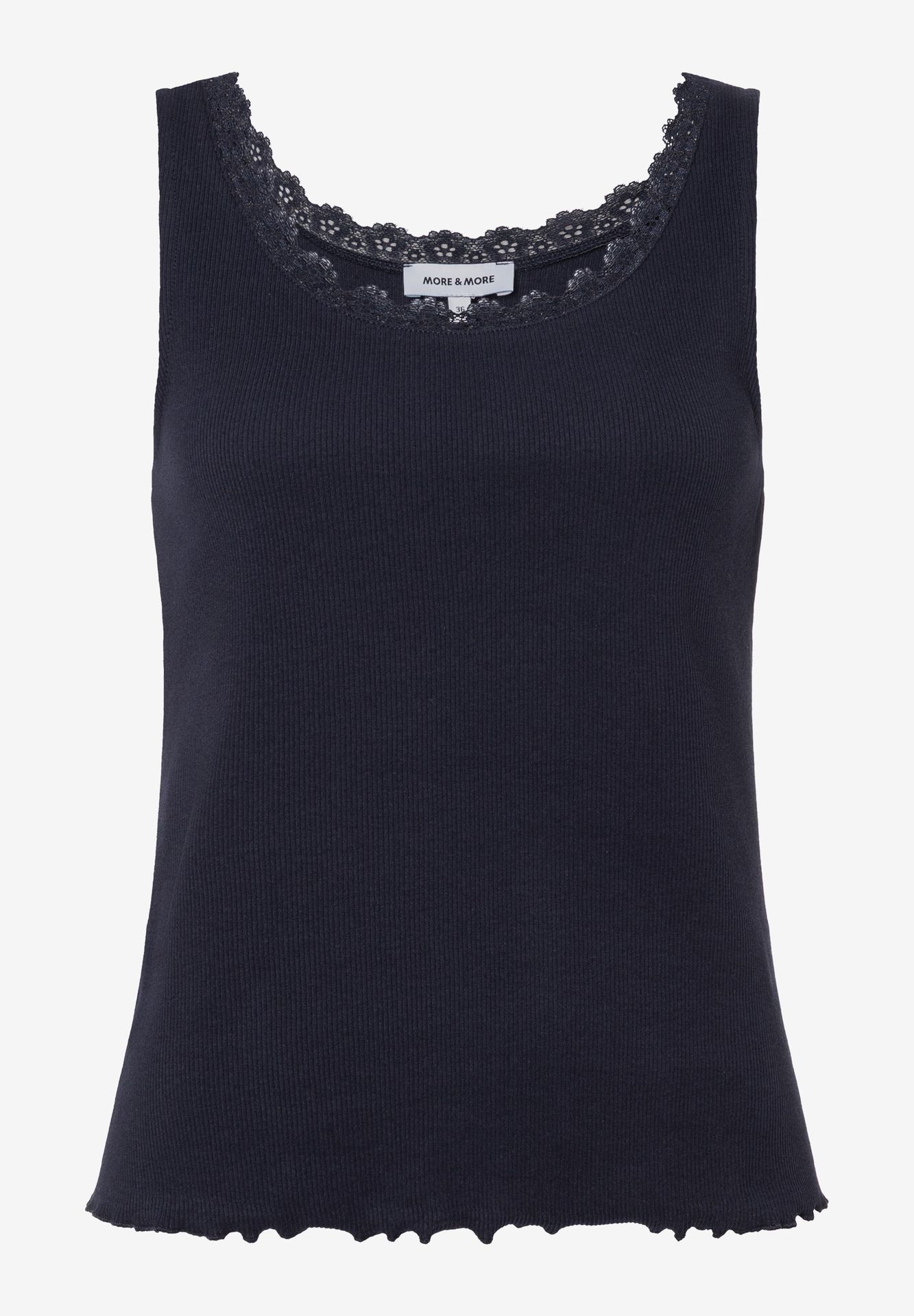 uni Rippen-Top mit dekorativer Spitzenkante an Hals- und Armloch, aus Baumwoll-Jersey
