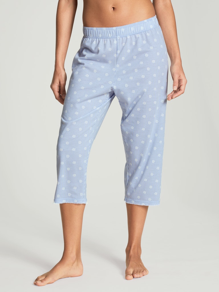 3/4 lange Damen-Night-Pants  aus Baumwoll-Modall-Jersey mit Streifen und Blumen-Dessin