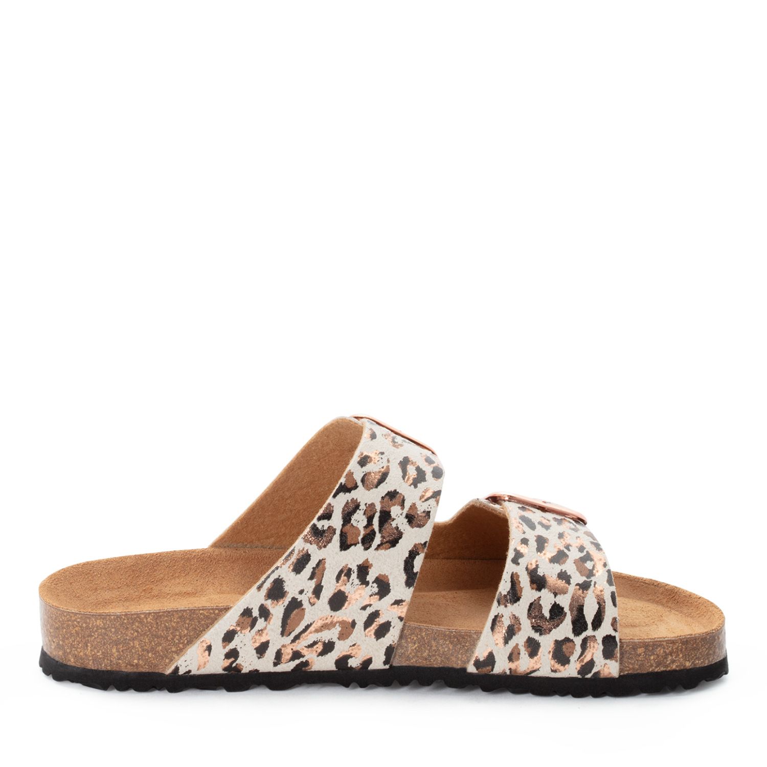 Damen-Sandale in Birkenstock-Look mit glänzendem Leo-Muster