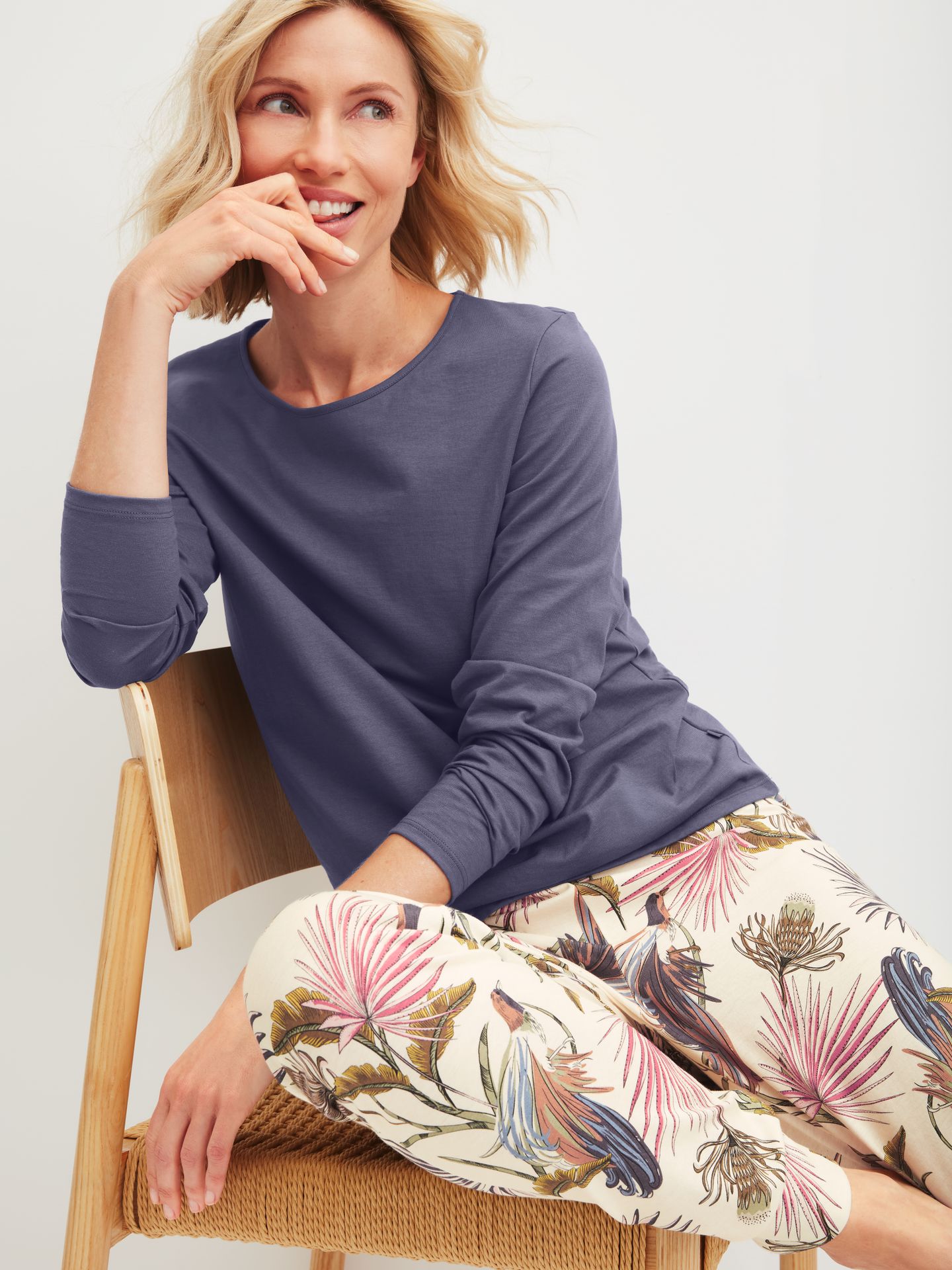 Damen-Sleepwear-Pants mit Allover-Blätter-Print aus reinem Baumwoll-Jersey