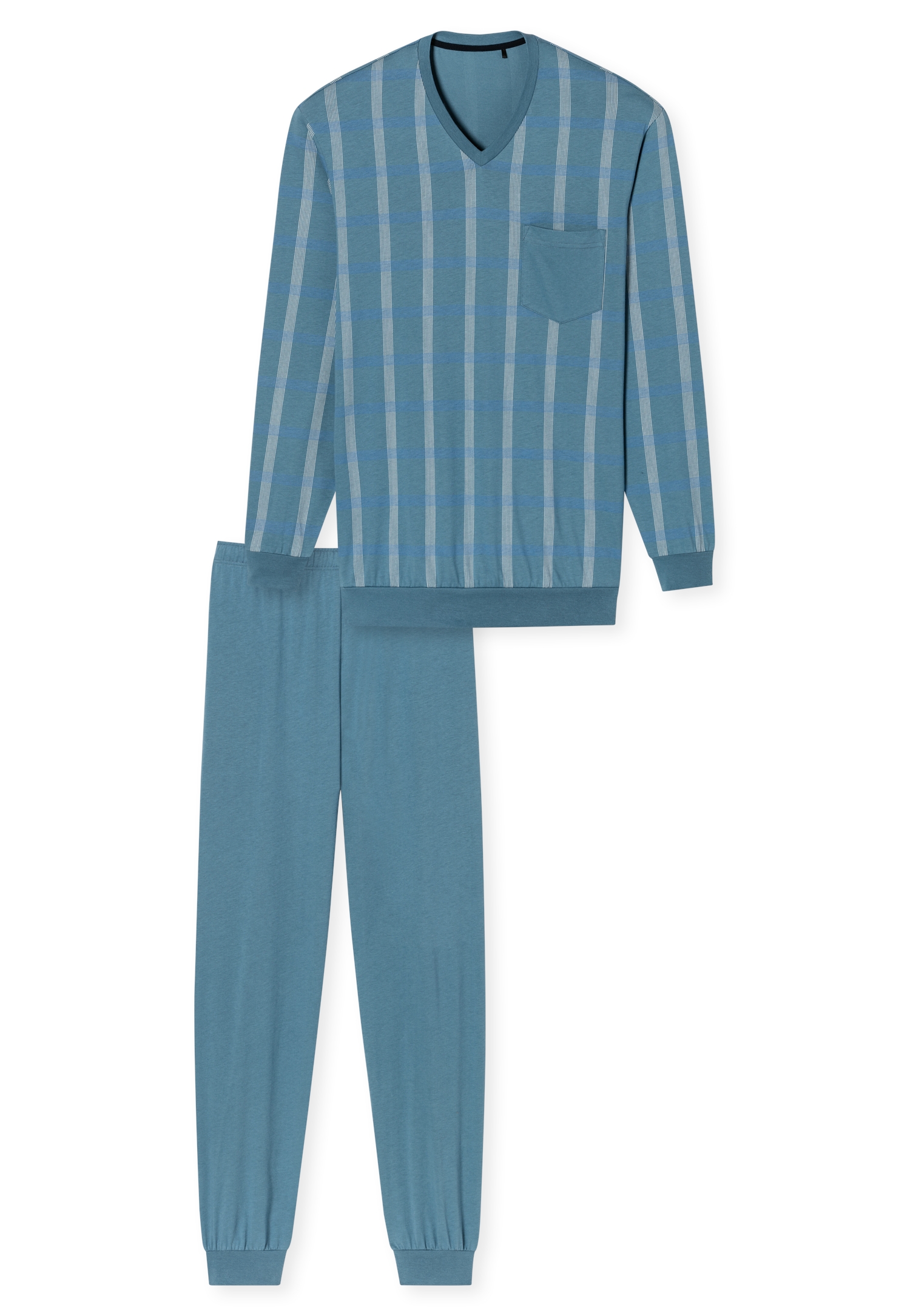 langer Herren-Schlafanzug  aus reinem Baumwoll-Single-Jersey in Organic-Cotton, gemustertes Oberteil uni Hose