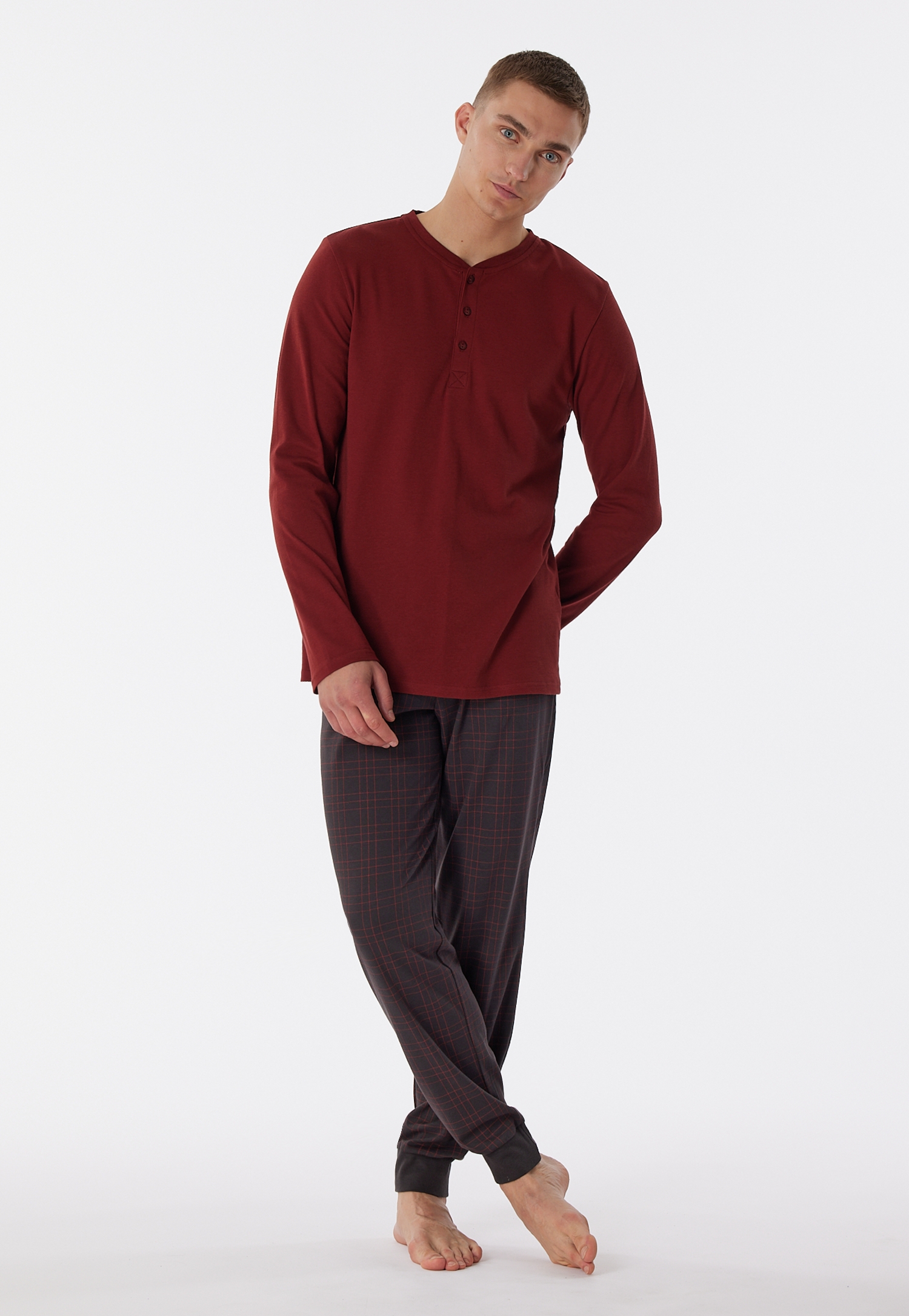Herren-Schlafanzug mit karierter Hose in warmer Interlock-Qualität aus  reiner Baumwolle