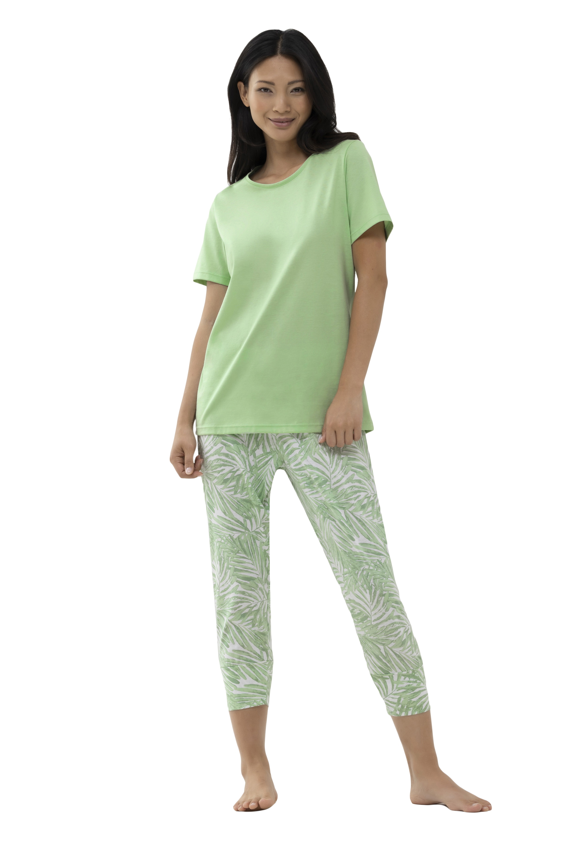 Damen-Schlafanzug mit  gemusterter 3/4 langer Hose und uni 1/2 Arm-Shirt aus Baumwoll-Jersey
