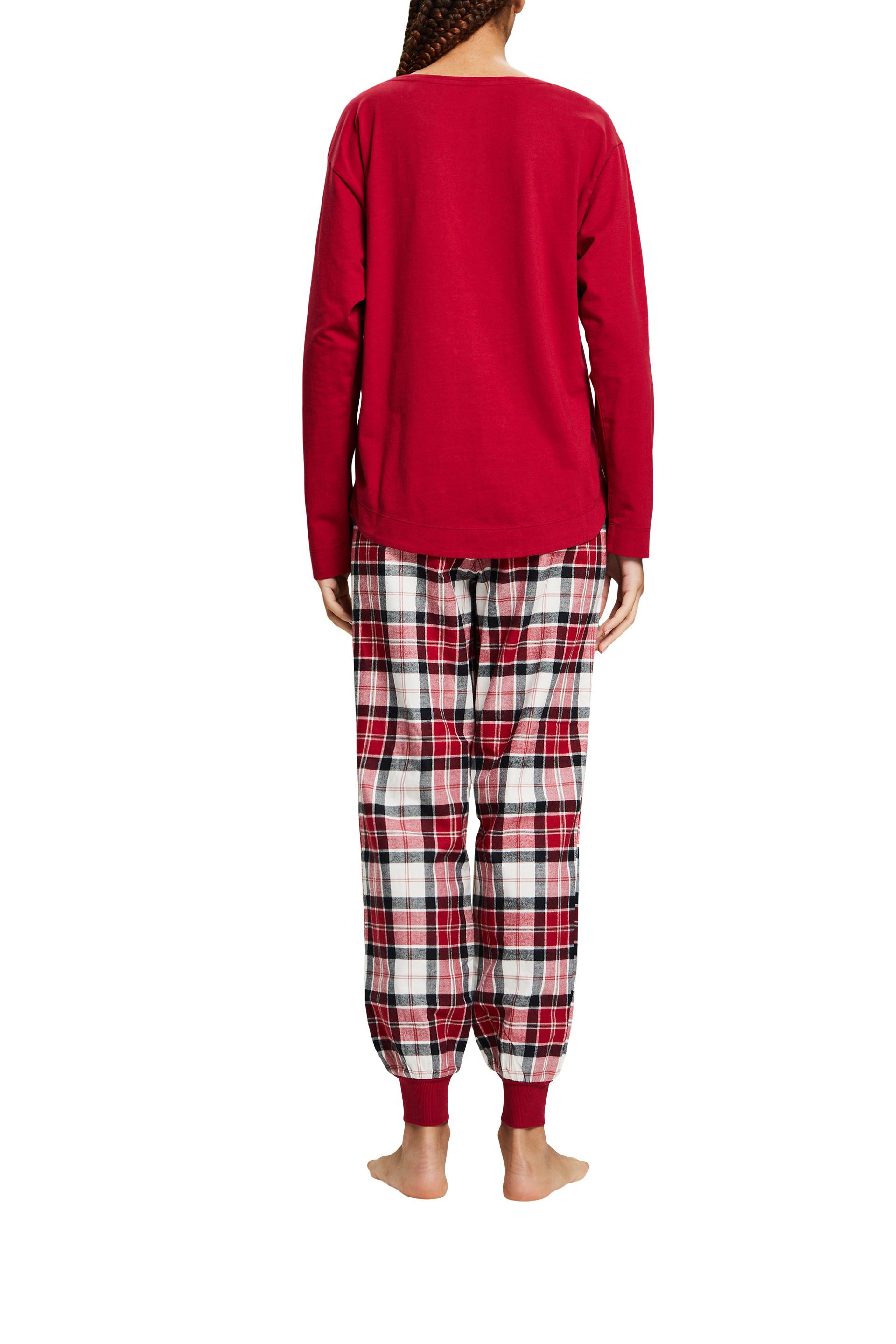 Damen-Bündchen-Schlafanzug mit karierter Hose aus Baumwoll-Flanell