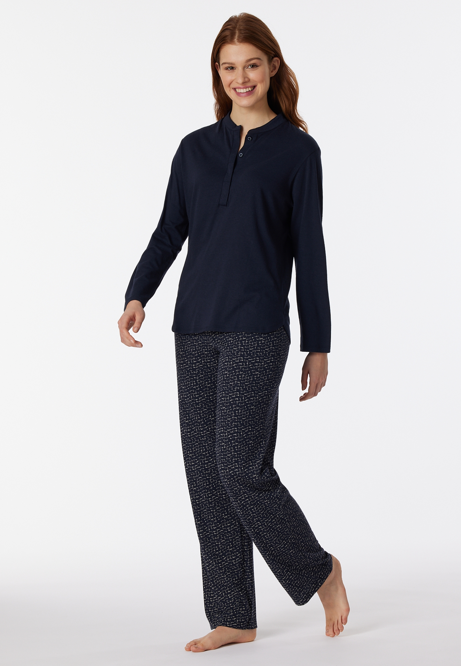 langer Damen-Schlafanzug mit gemusterter Hose aus Organic-Cotton-Mix