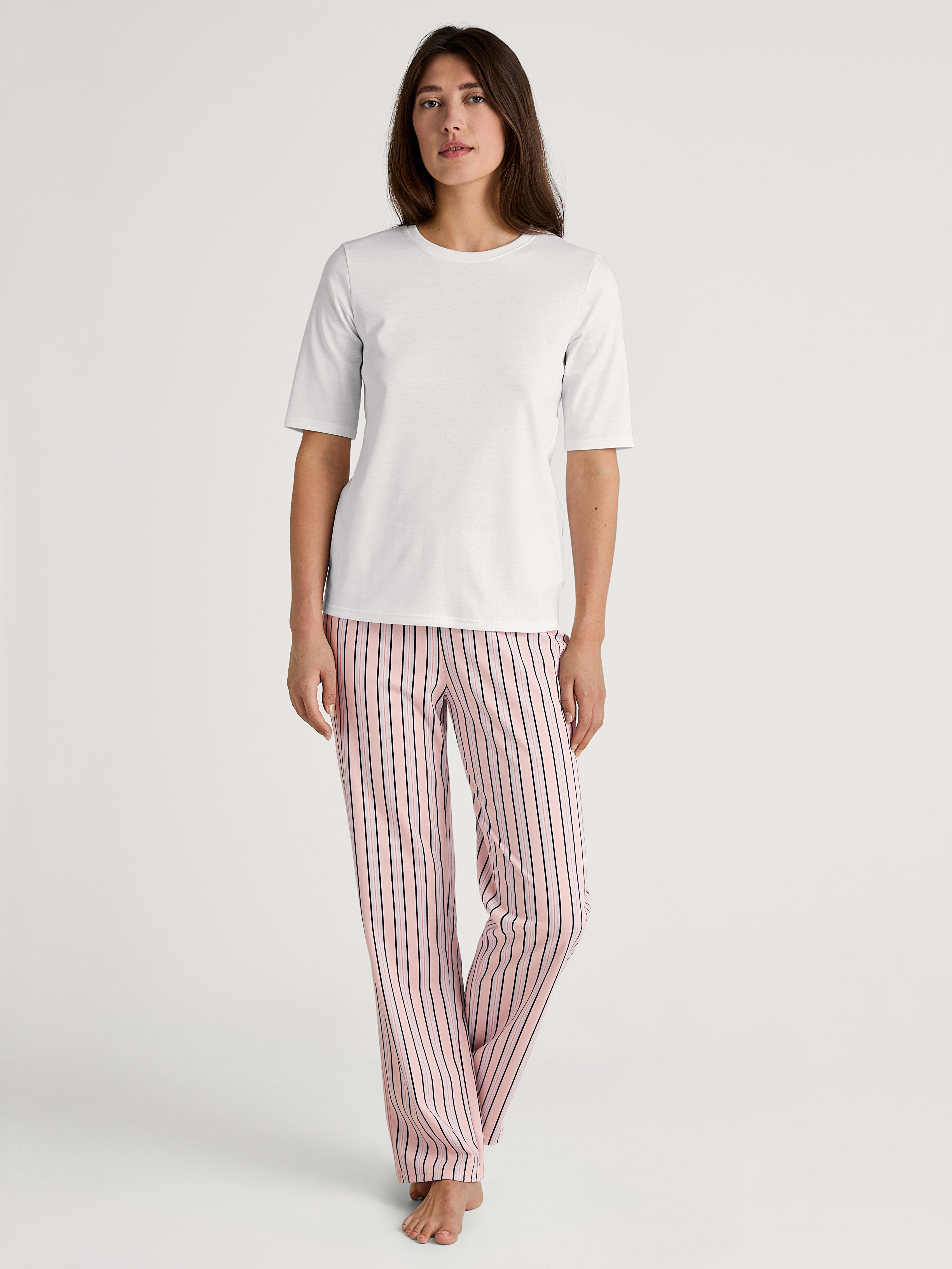 lange gestreifte Damen-Night-Hose aus reinem Bumwoll-Jersey