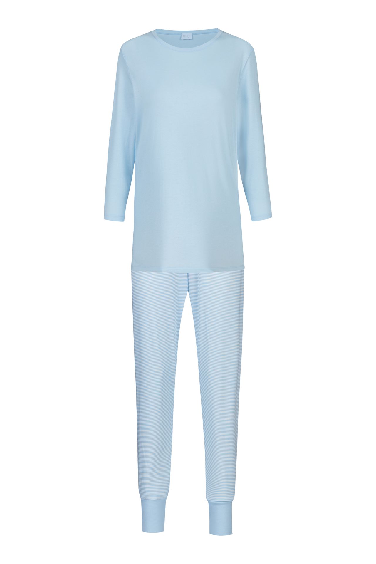 Damen-Schlafanzug mit uni Oberteil und gestreifter Hose aus reinem Baumwoll-Interlock-Jersey