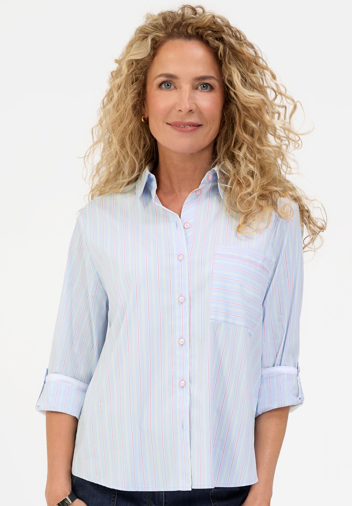 Hemdbluse "ANINA" mit Multi-Color-Streifen und Krempel-Arm aus Baumwoll-Mix