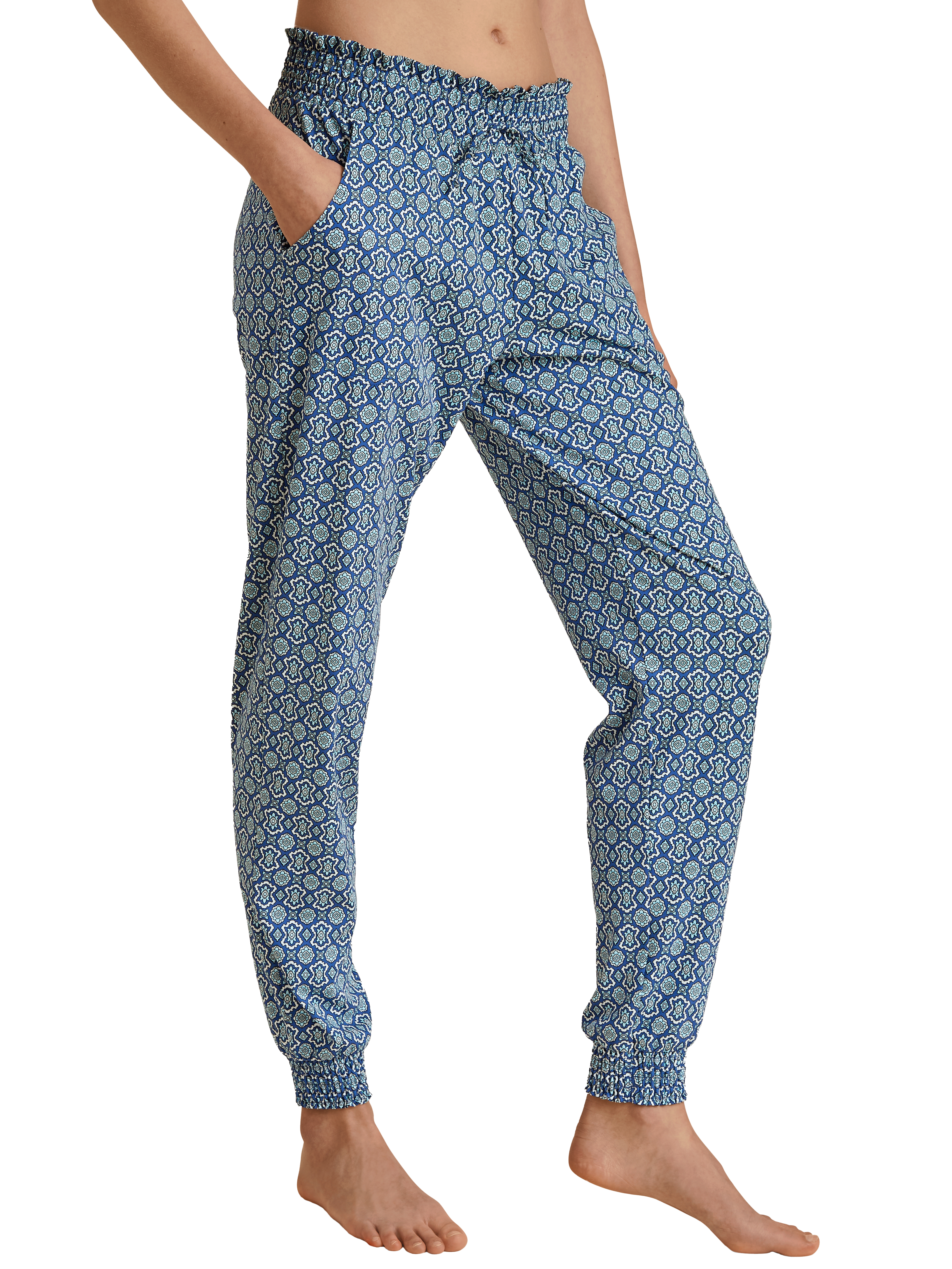 Damen-Lounge
  Hose im Allover Minimal Print aus Baumwolle mit Bund