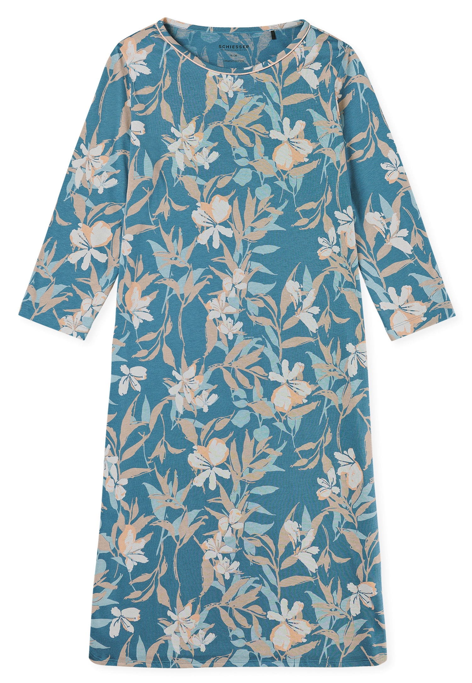 bequemes Damen-Nachthemd in Multicolou-Blumenprint aus Bio-Baumwoll-Modal-Single-Jersey mit 3/4 Arm