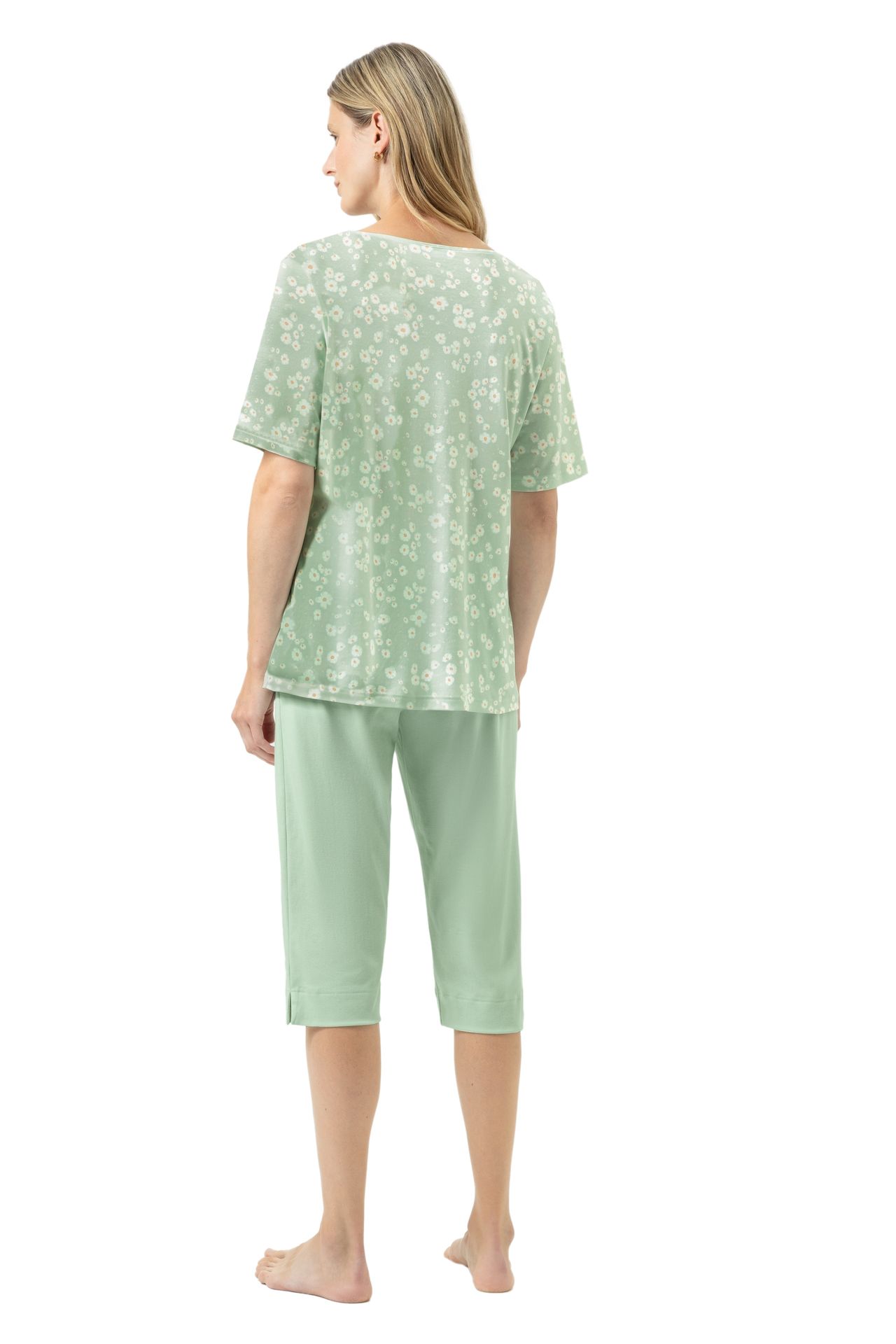 Damen-Schlafanzug mit gemustertem Oberteil und uniCaprihose aus reinem Baumwoll-Jersey