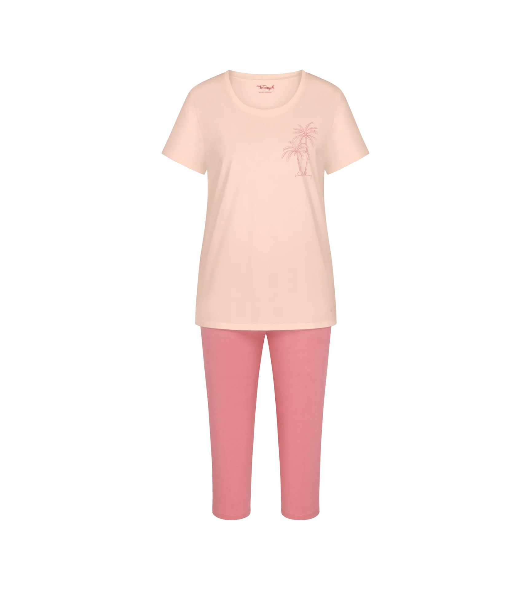 Damen-Schlafanzug, uni Oberteil mit Frontprint und uni Capri-Hose