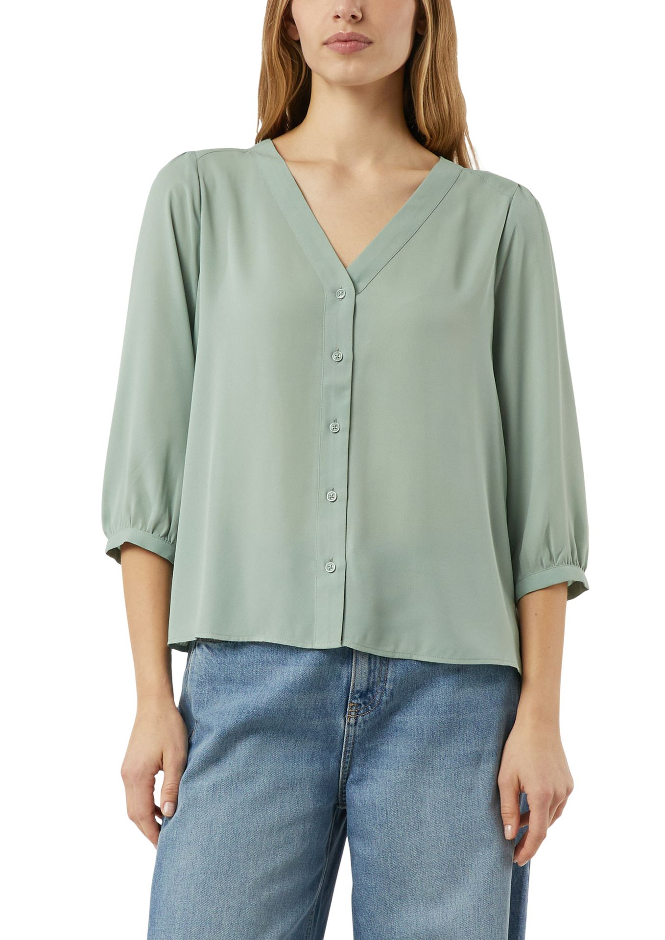 kurze luftige Chiffon-Bluse mit angerafften Ärmeln