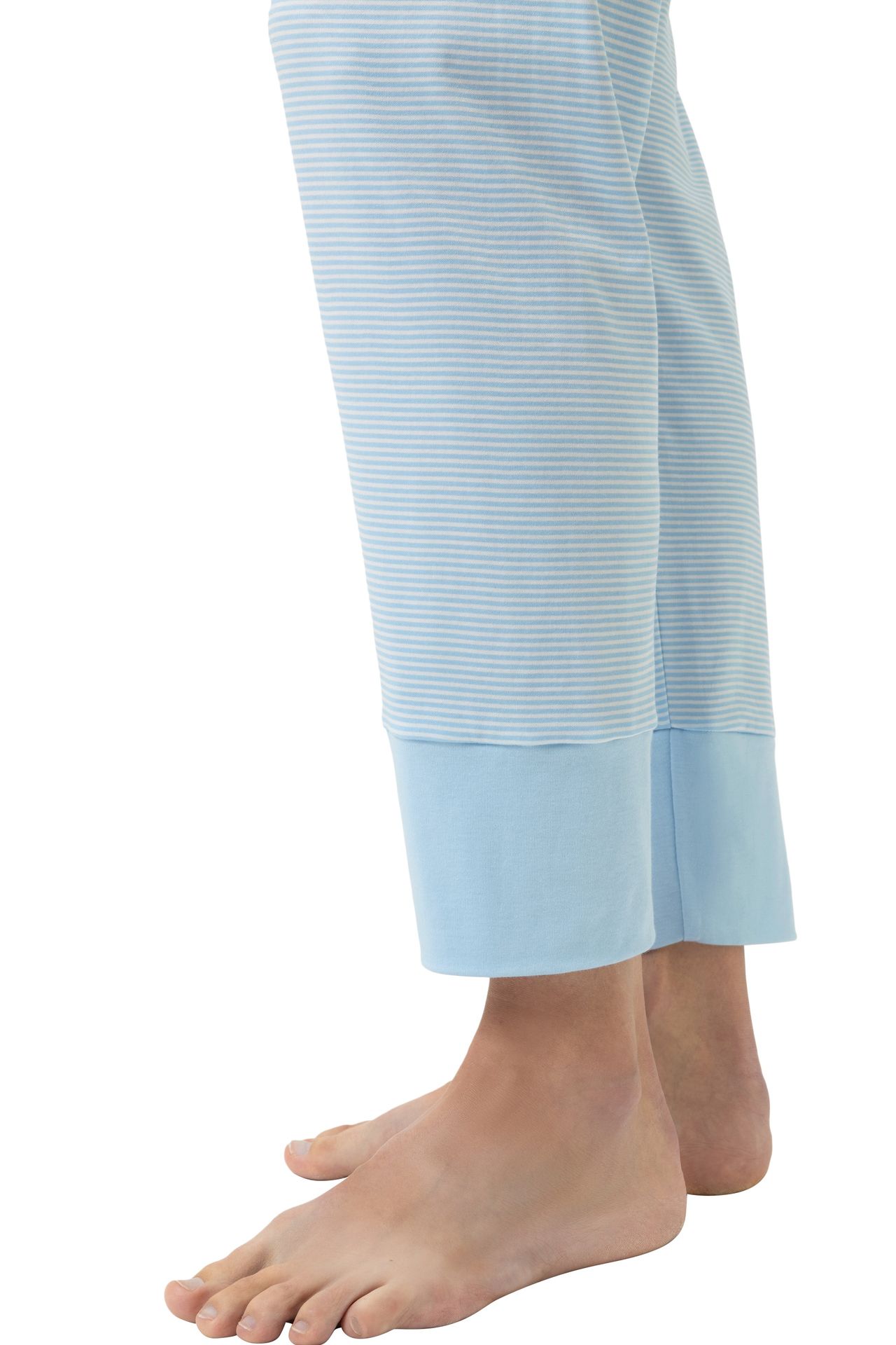 Damen-Schlafanzug mit uni Oberteil und gestreifter Hose aus reinem Baumwoll-Interlock-Jersey