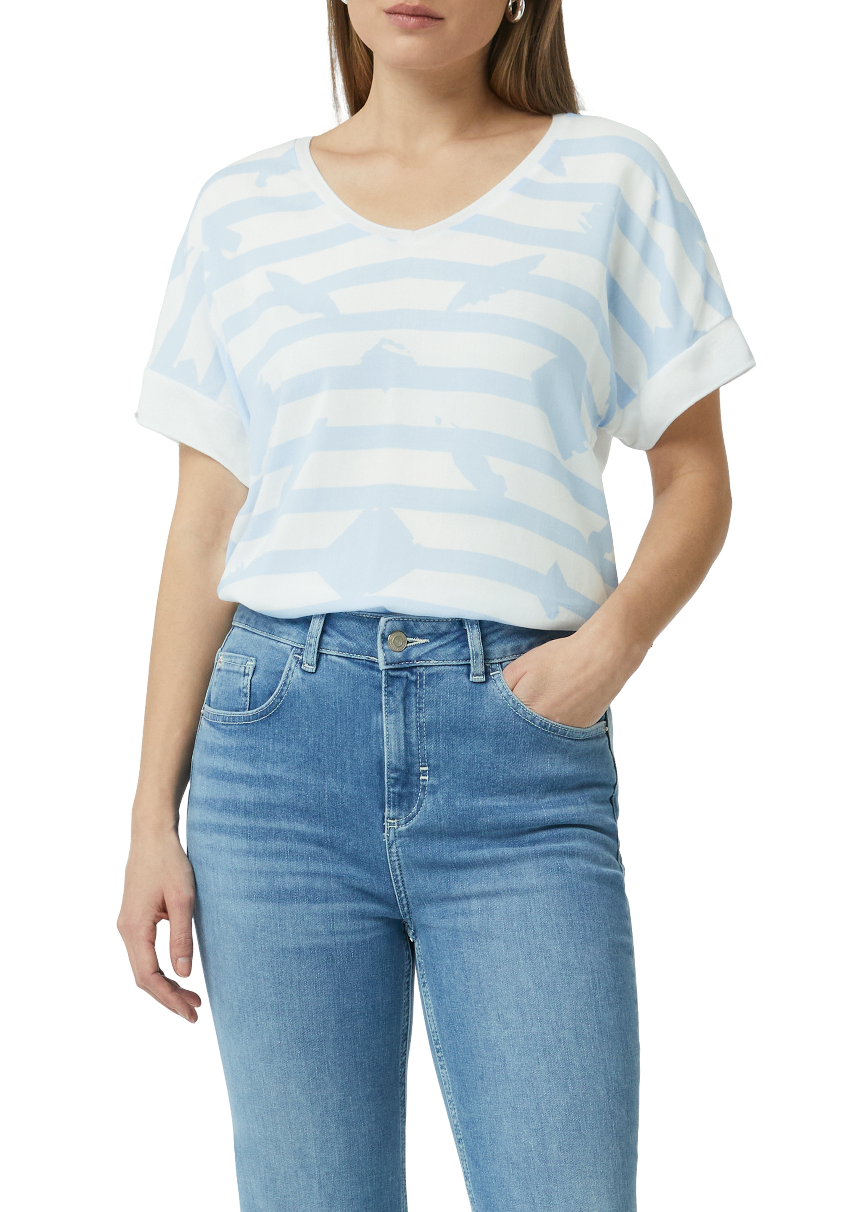 T-Shirt mit Blockstreifen und Vogel-Print aus Viskose