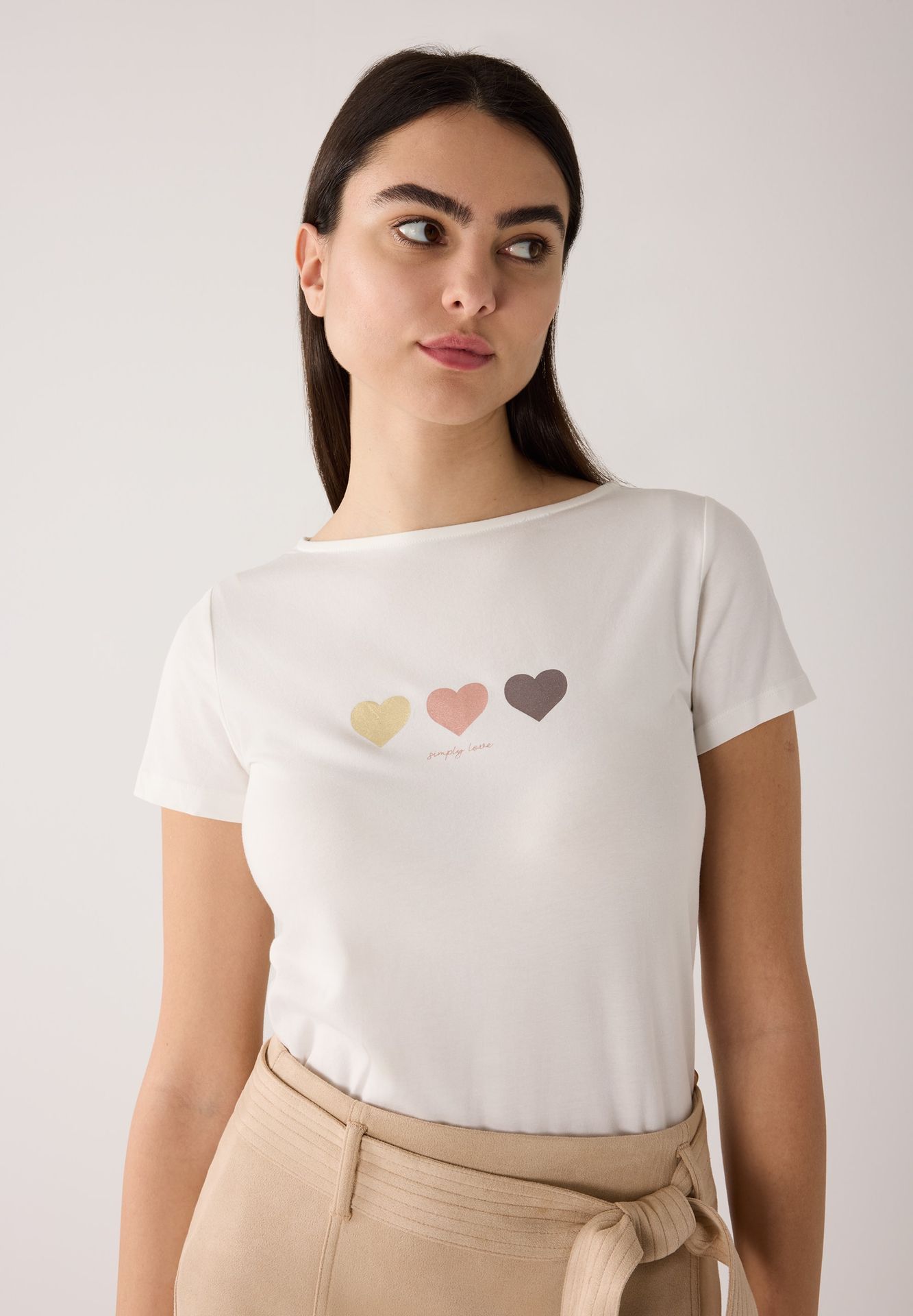 weisses T-Shirt mit Herz-Front-Print aus Baumwoll-Modal-Mix