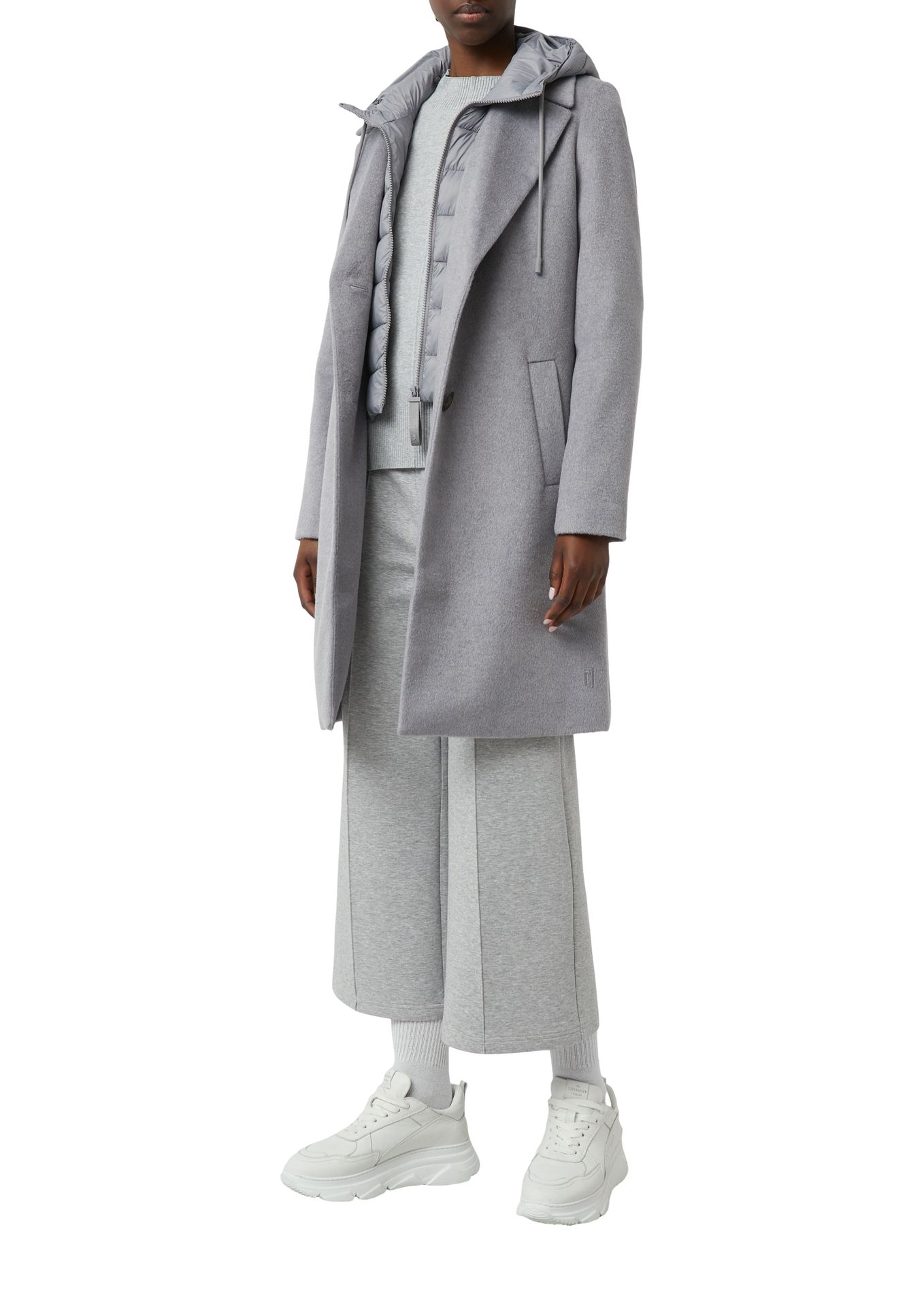 Woll-Kurzmantel mit Steppeinsatz und Kapuze