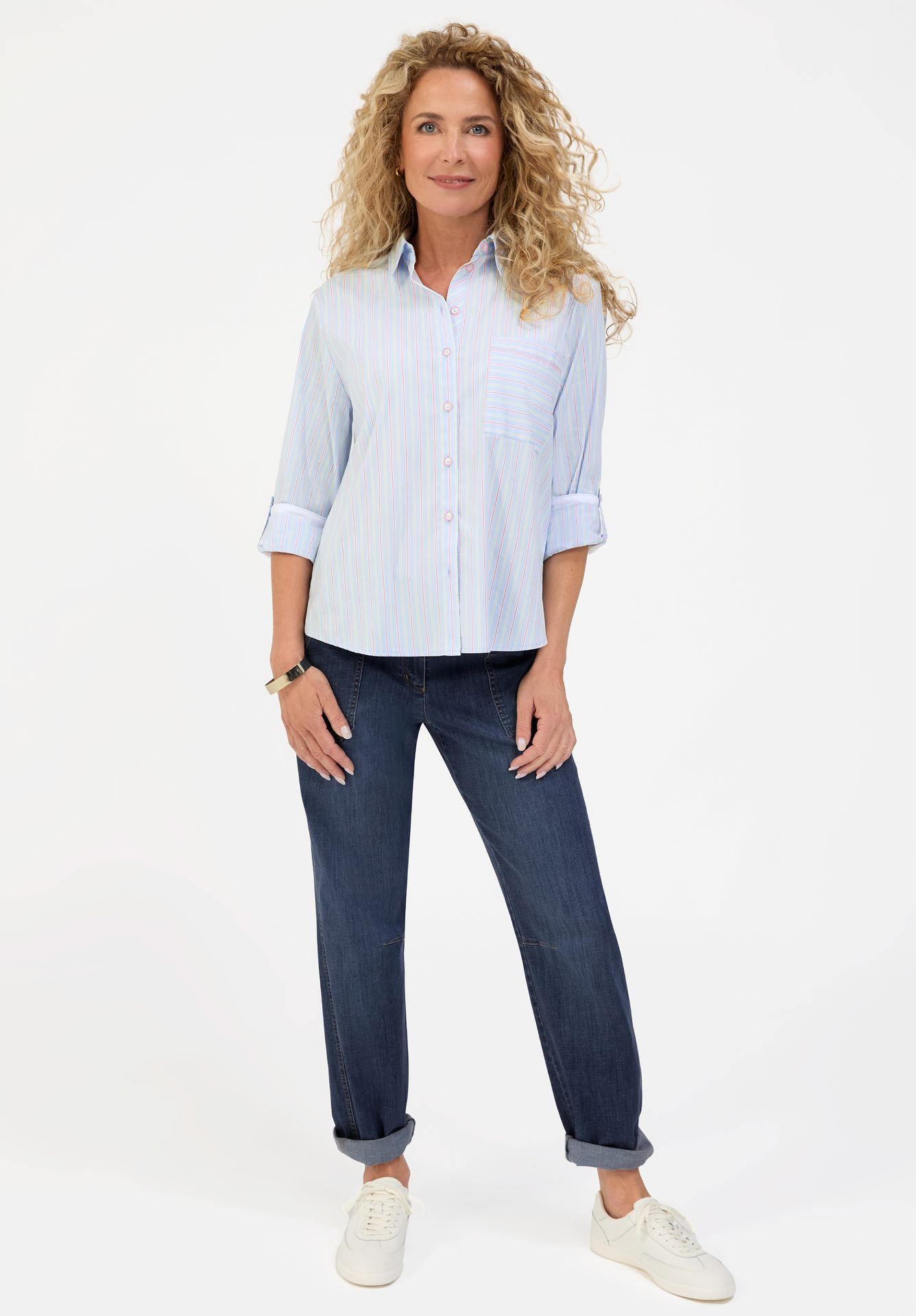 Hemdbluse "ANINA" mit Multi-Color-Streifen und Krempel-Arm aus Baumwoll-Mix