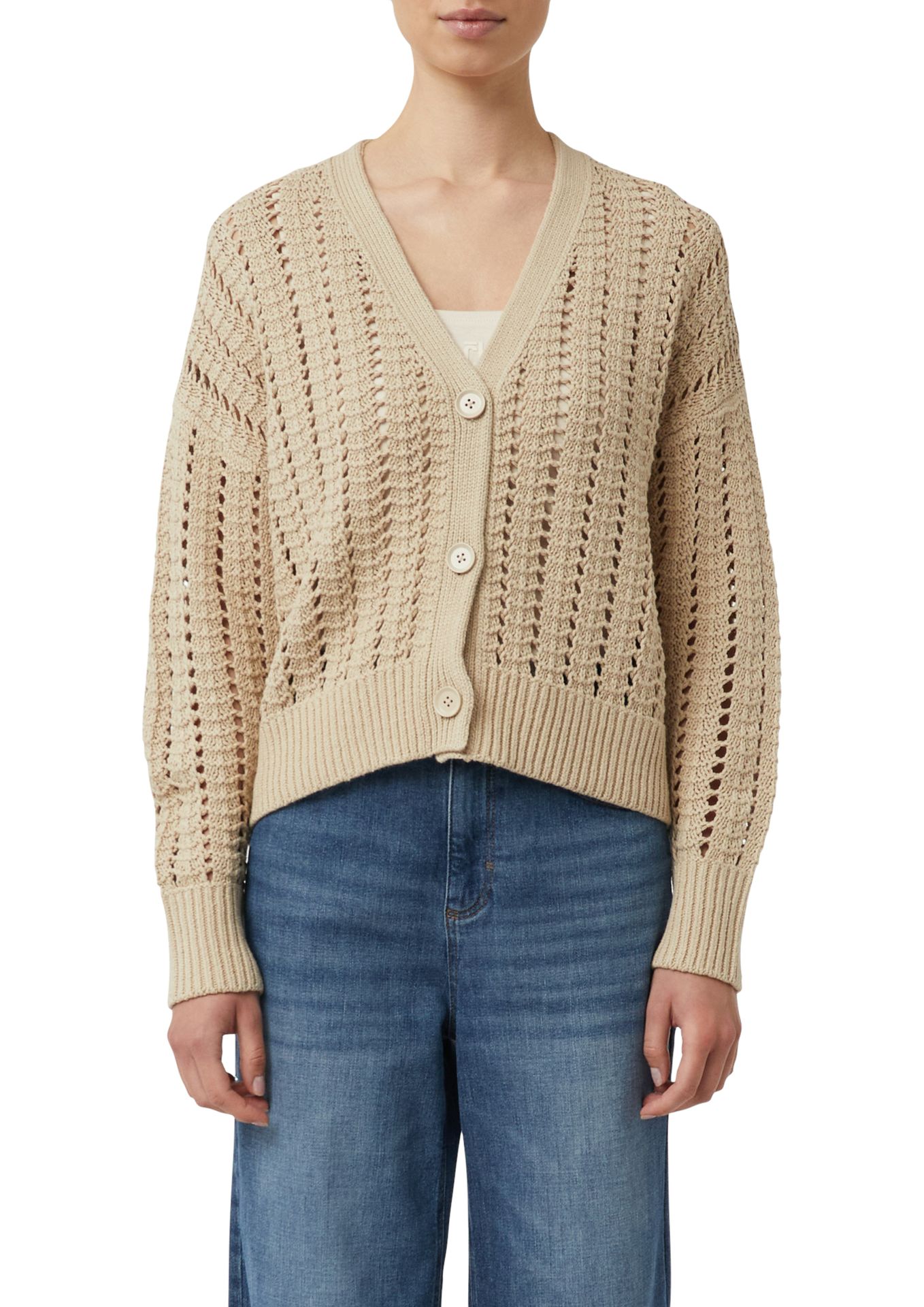 KurzerStrick- Cardigan mit Ajourmuster aus Baumwoll-Mix