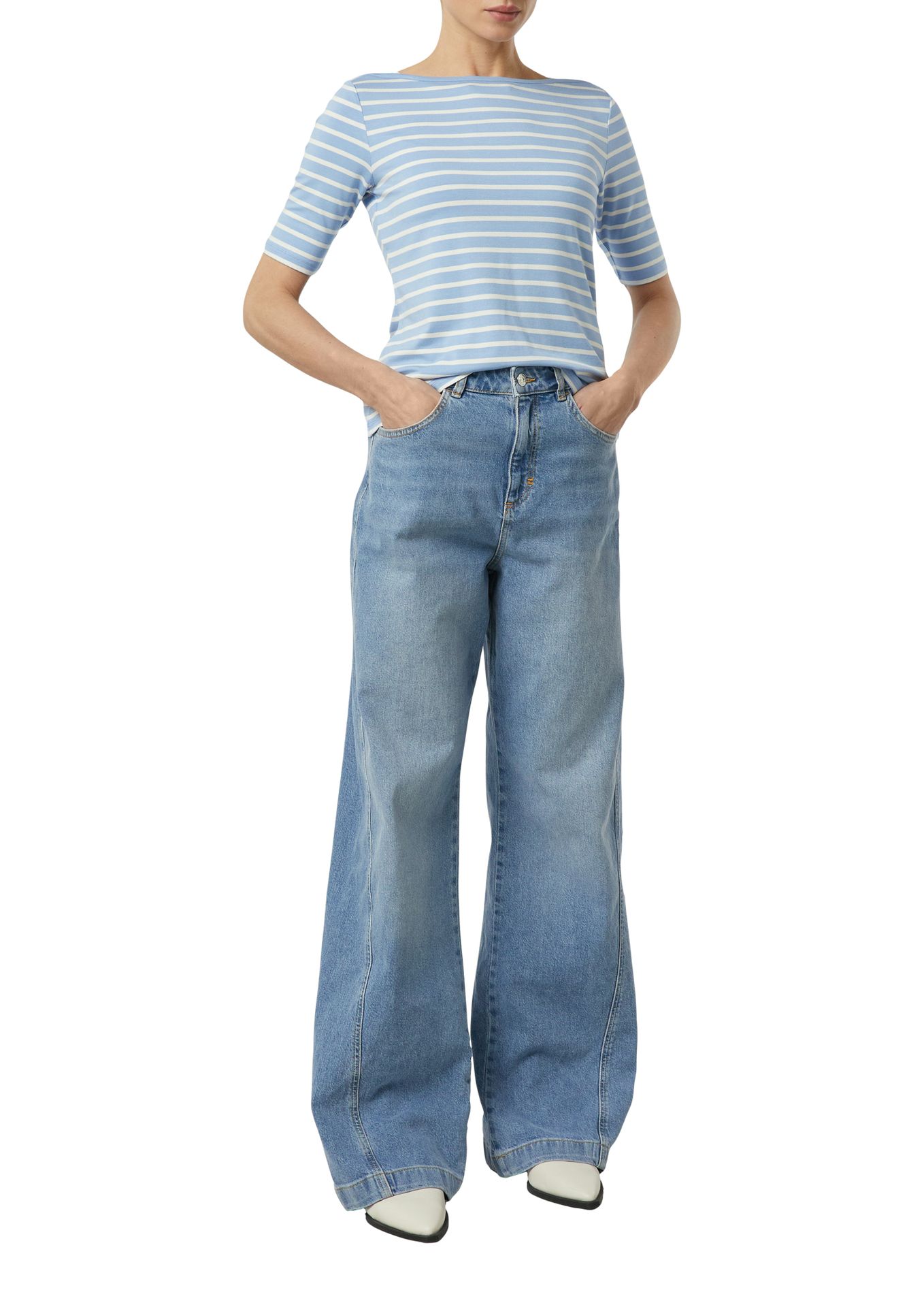 feminines Streifen-T-Shirt mit U-Boot-Ausschnitt aus Viskose-Elasthan