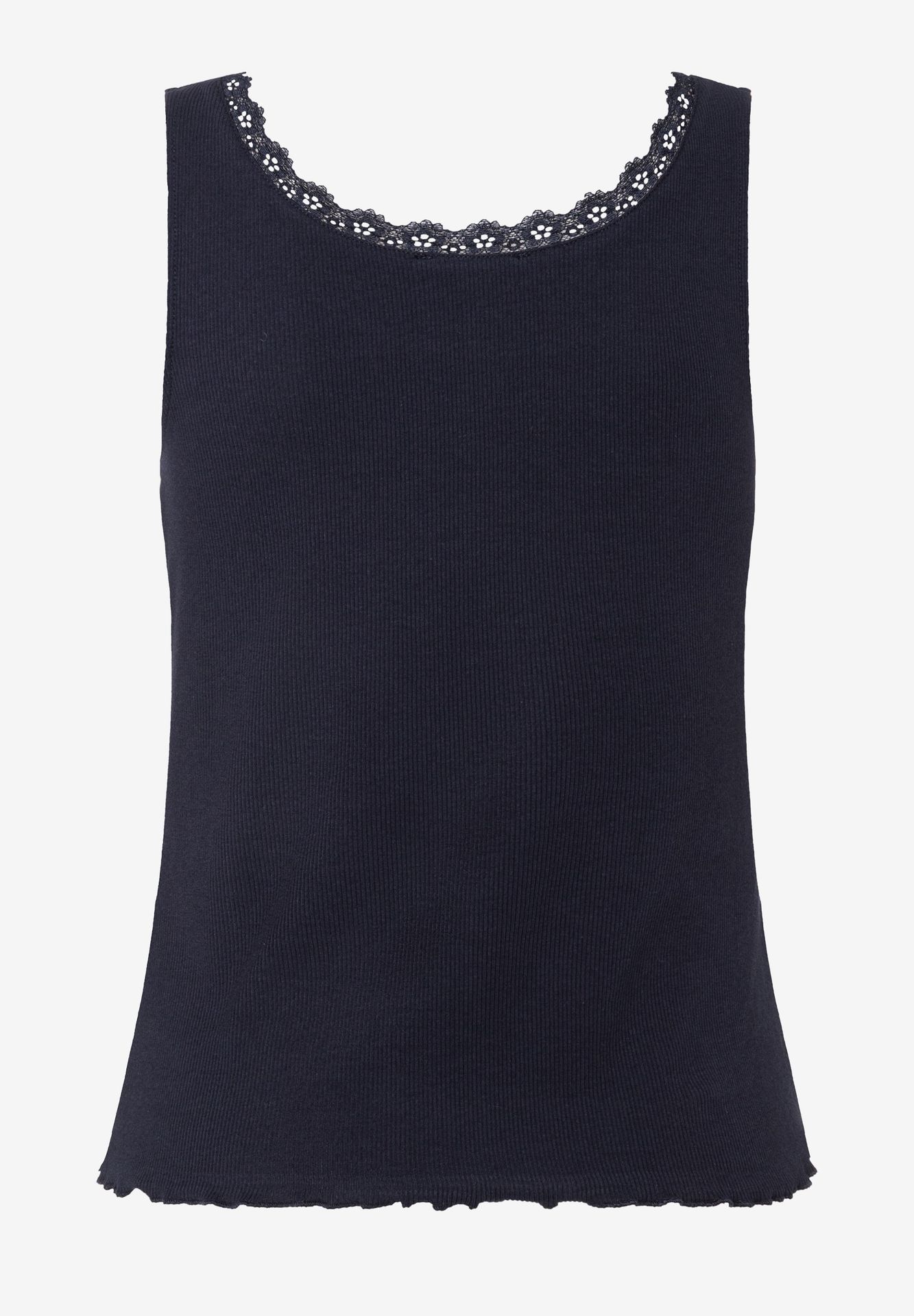 uni Rippen-Top mit dekorativer Spitzenkante an Hals- und Armloch, aus Baumwoll-Jersey