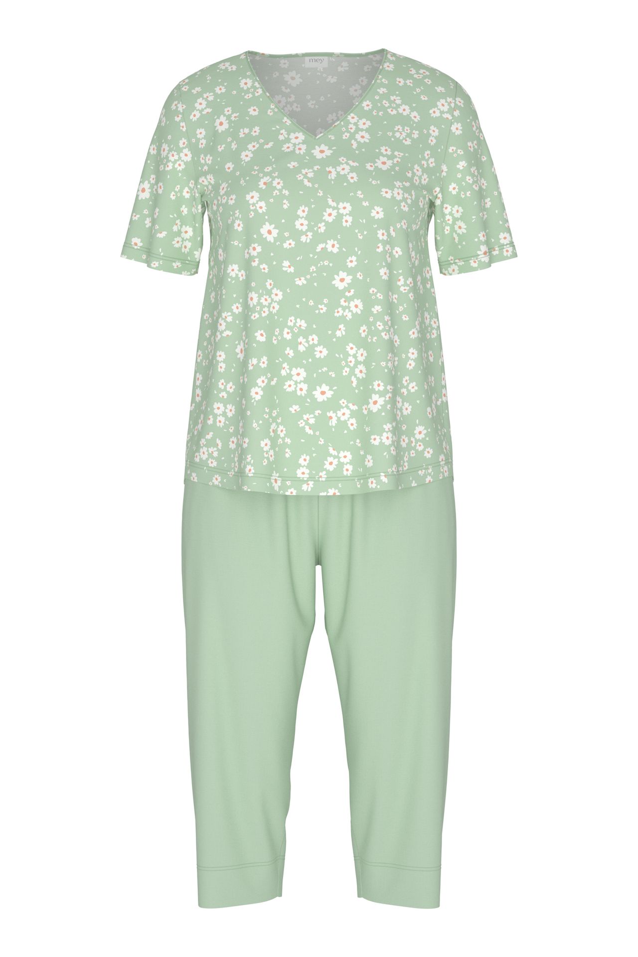 Damen-Schlafanzug mit gemustertem Oberteil und uniCaprihose aus reinem Baumwoll-Jersey