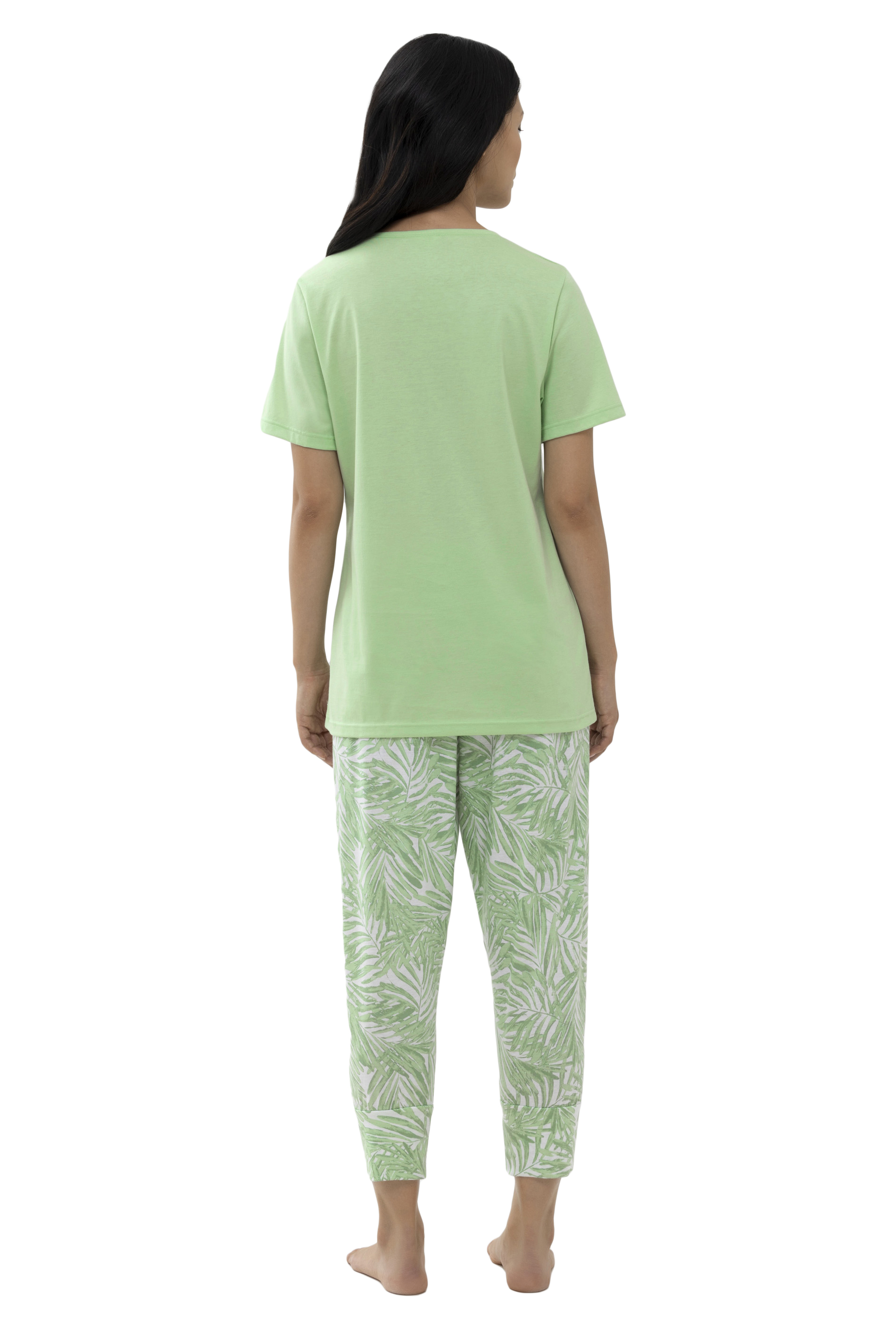 Damen-Schlafanzug mit  gemusterter 3/4 langer Hose und uni 1/2 Arm-Shirt aus Baumwoll-Jersey