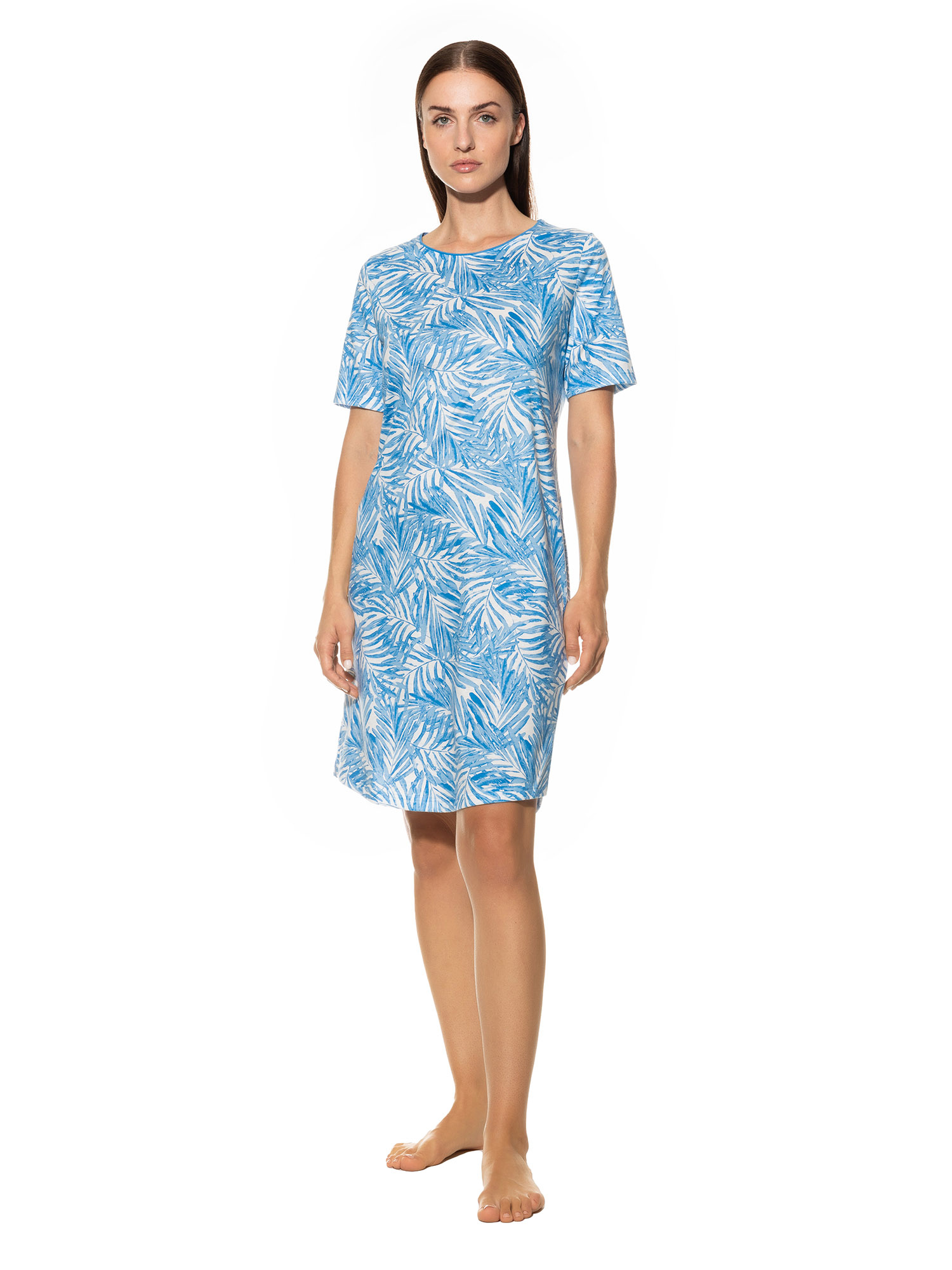 Damen-Nachthemd  mit Allover-Blätter-Print aus reinem Baumwoll-Jersey