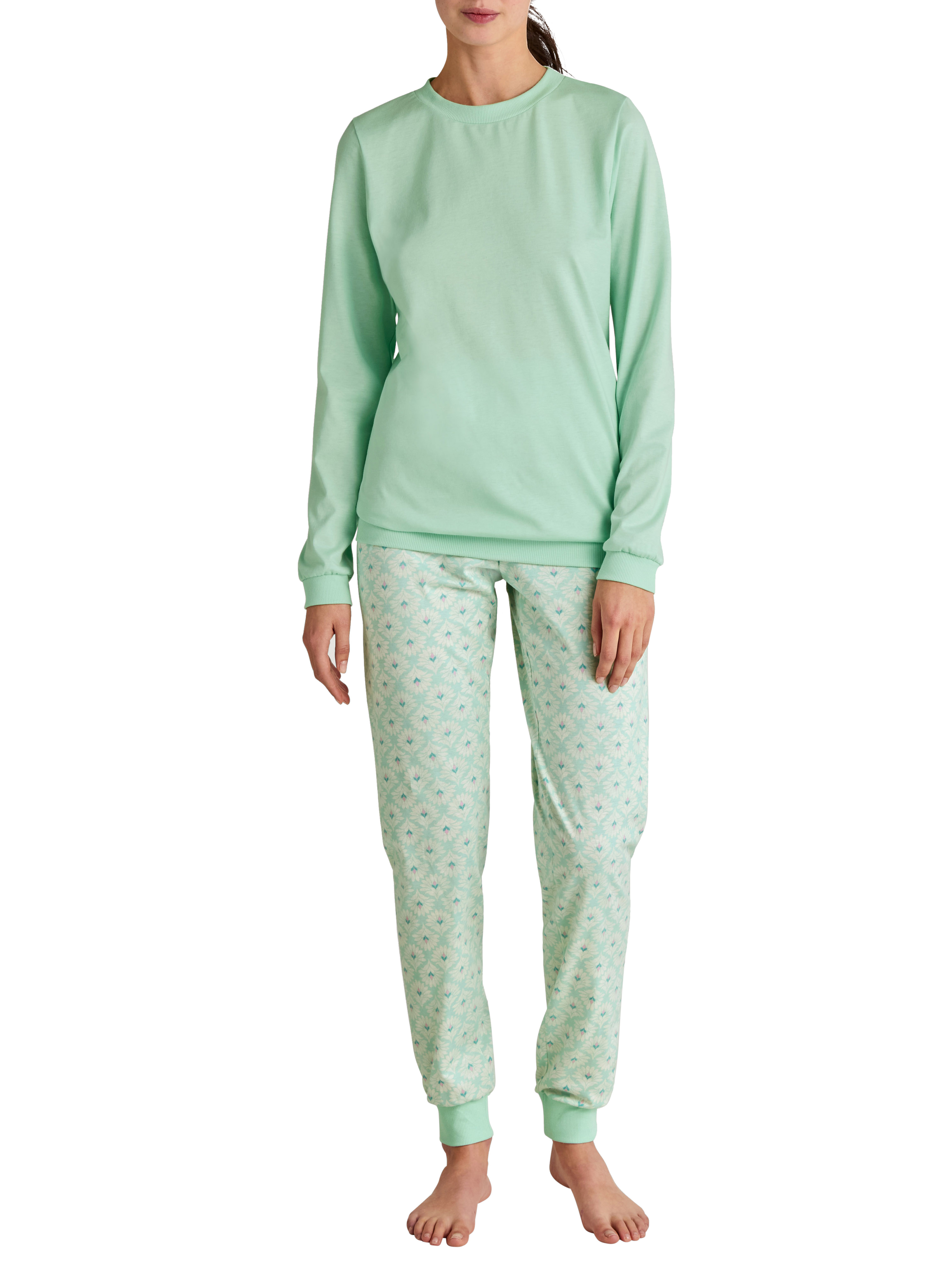 langer Damen-Bündchen-Schlafanzug mit gemusterter Hose