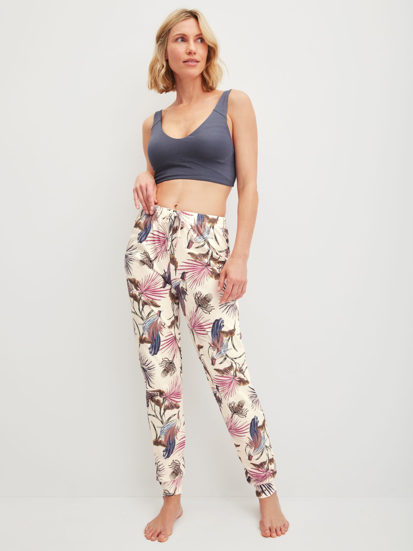 Damen-Sleepwear-Pants mit Allover-Blätter-Print aus reinem Baumwoll-Jersey